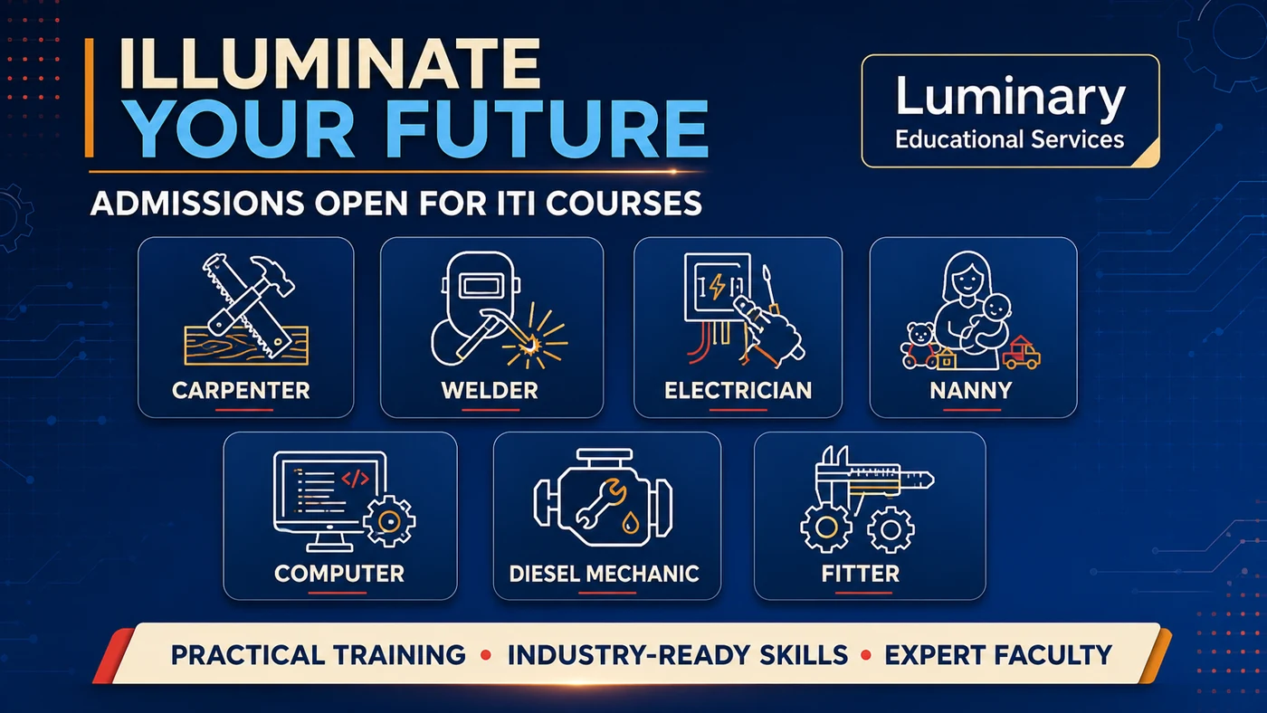 Redesigned Luminary ITI admissions poster listing seven practical trades